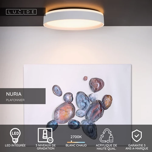 Lucide NURIA - Plafonnier - Ø 40 cm - LED 3 StepDim - 1x24W 2700K - Blanc - USP